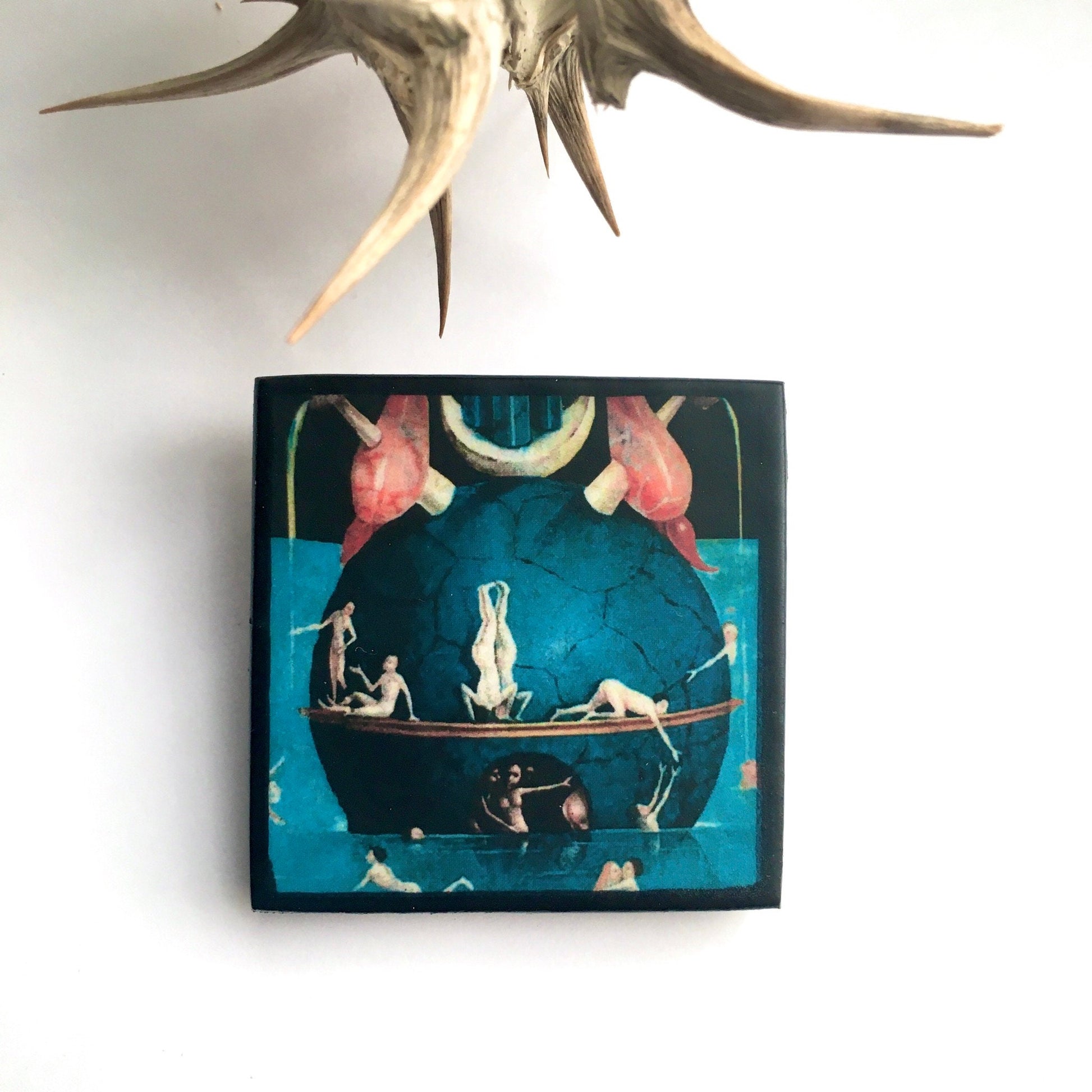 Blue unisex wooden 4, 3 cm squared brooch, inspired by Hieronymus Bosch painting "The Garden of Earthly Delights".