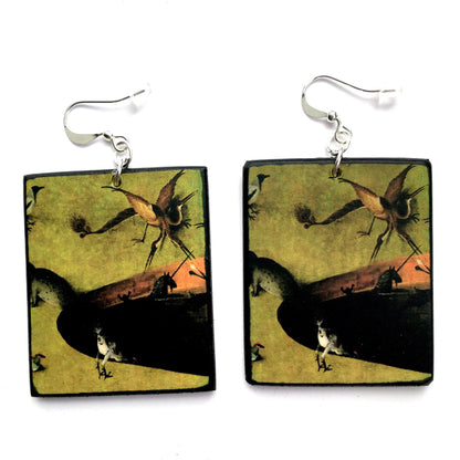 Hieronymus Bosh art earrings on sustainable wood. Green coloured earrings with fantasy animals. obljewellery sustainable gift.