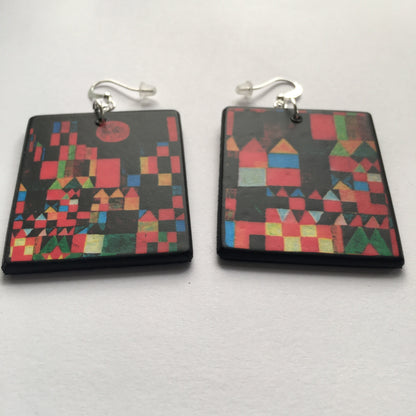 Museum-Inspired Sustainable Earrings Paul Klee, geometric, coloured, wooden art earrings. Birthday gift for her. Obljewellery