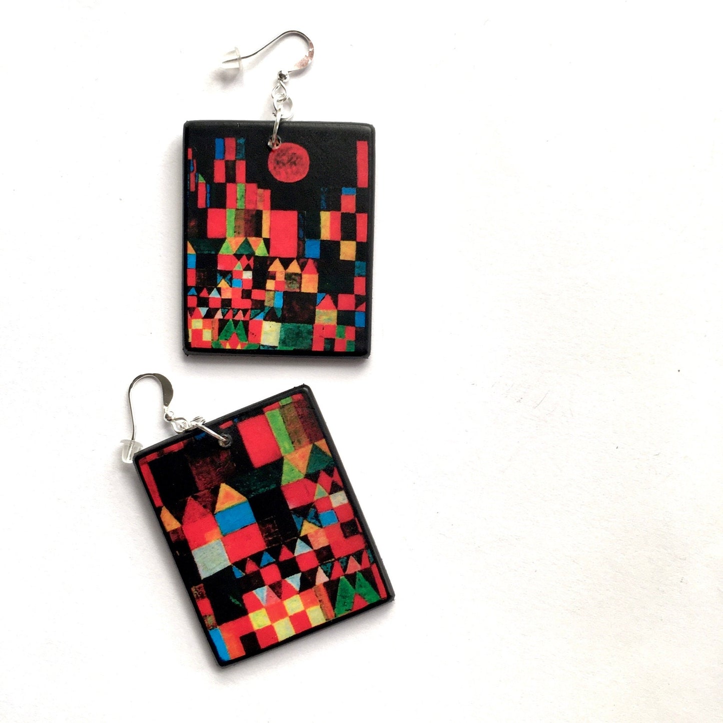 Paul Klee, geometric, coloured, wooden  art earrings. Birthday gift for her.
