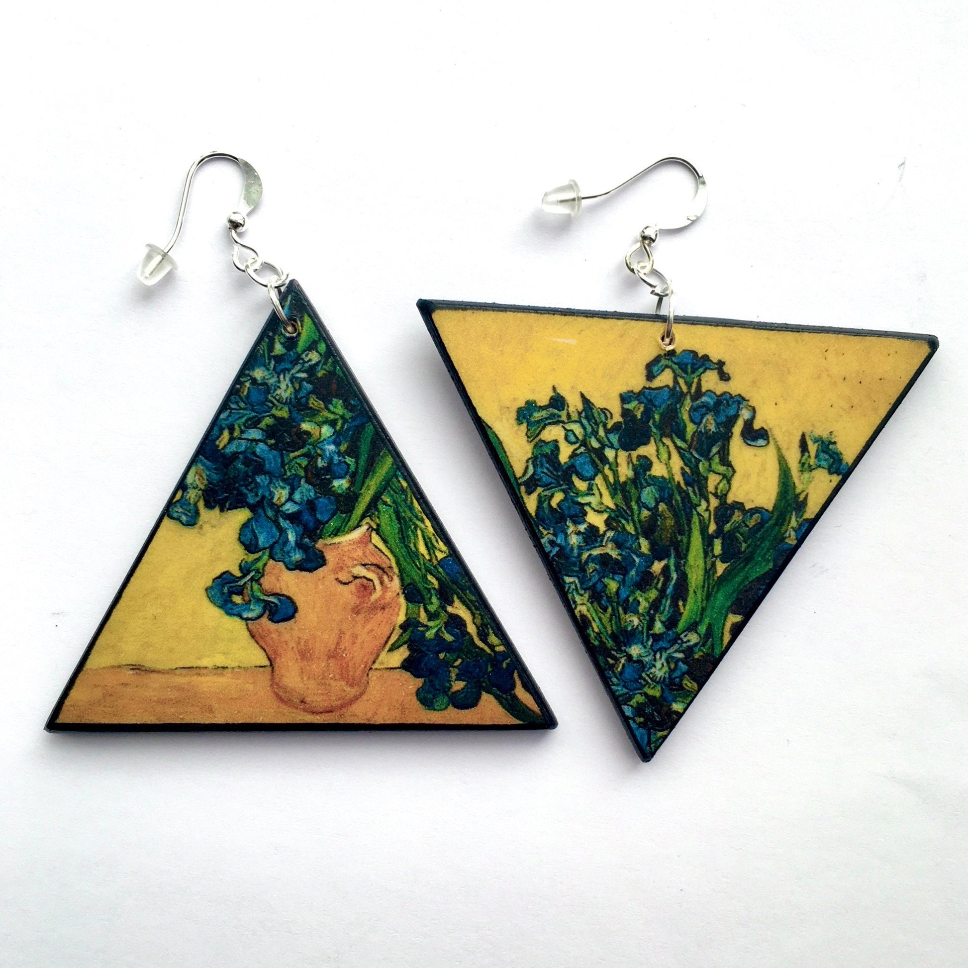 Museum-Inspired Sustainable Earrings Van Gogh Irises Triangle Earrings. Sustainable wood and sterling silver. Obljewellery