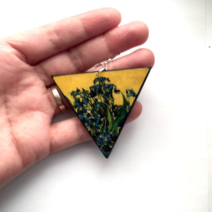Museum-Inspired Sustainable Earrings Van Gogh Irises Triangle Earrings. Sustainable wood and sterling silver. Obljewellery