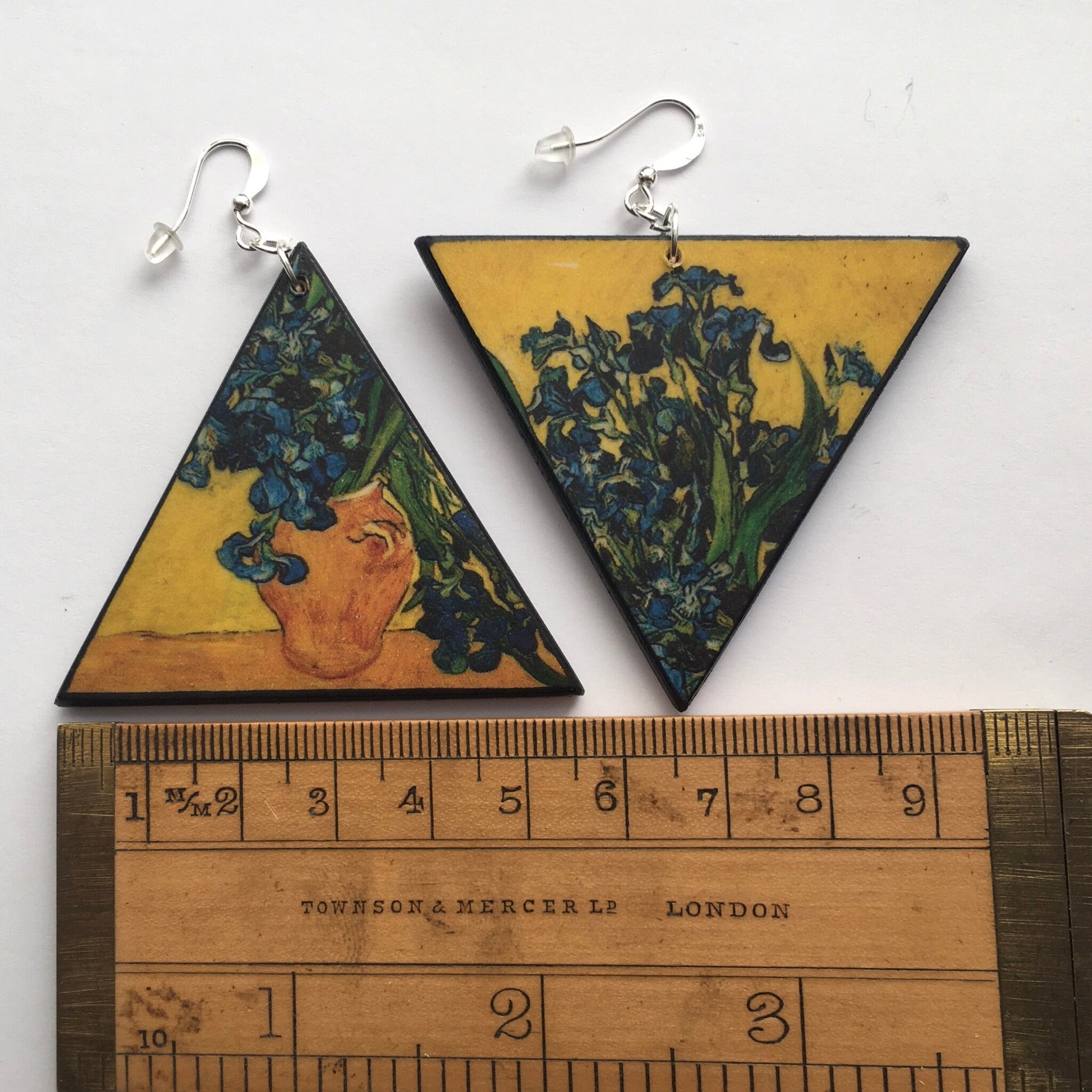 Museum-Inspired Sustainable Earrings Van Gogh Irises Triangle Earrings. Sustainable wood and sterling silver. Obljewellery