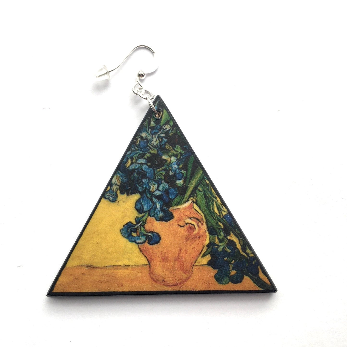 Museum-Inspired Sustainable Earrings Van Gogh Irises Triangle Earrings. Sustainable wood and sterling silver. Obljewellery