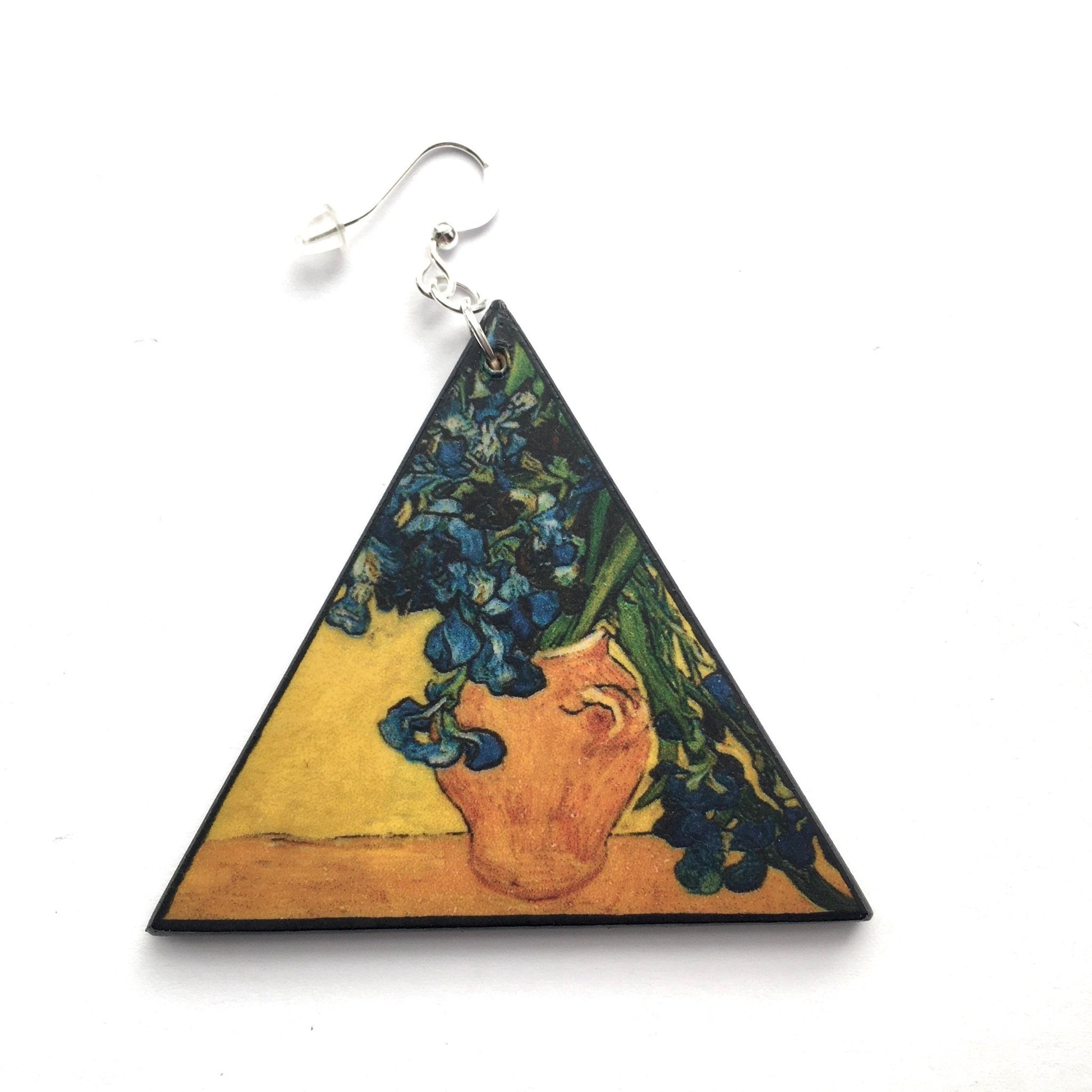 Museum-Inspired Sustainable Earrings Van Gogh Irises Triangle Earrings. Sustainable wood and sterling silver. Obljewellery