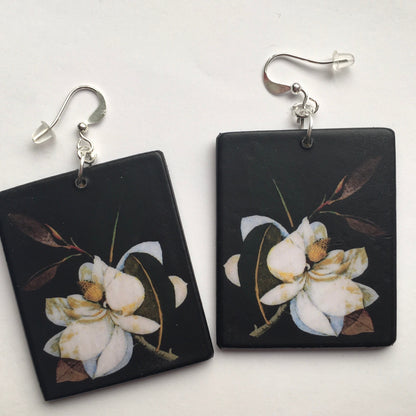 Museum-Inspired Sustainable Earrings Magnolia,floral earrings, wooden art earrings. Bridesmaids gift. Obljewellery