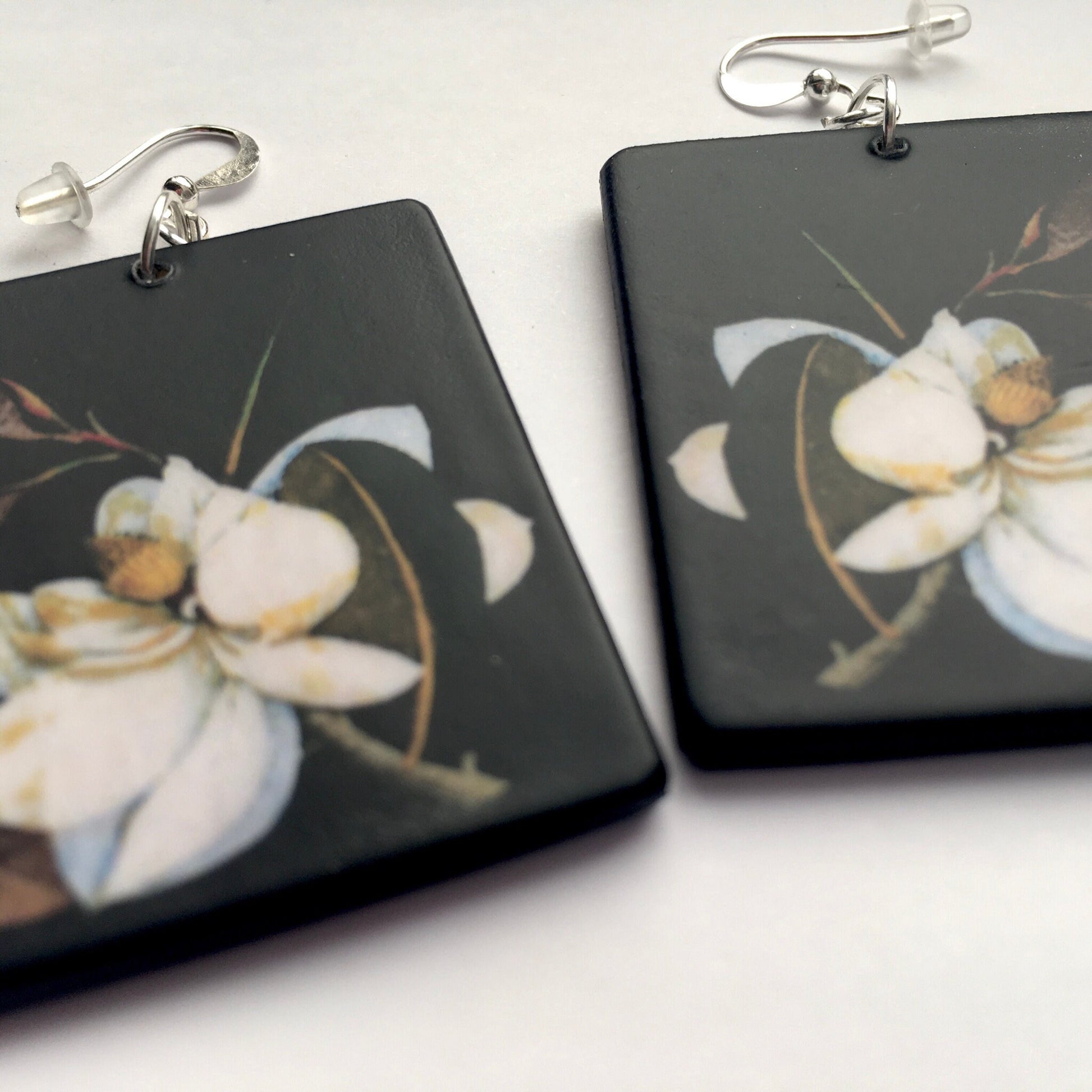 Museum-Inspired Sustainable Earrings Magnolia,floral earrings, wooden art earrings. Bridesmaids gift. Obljewellery