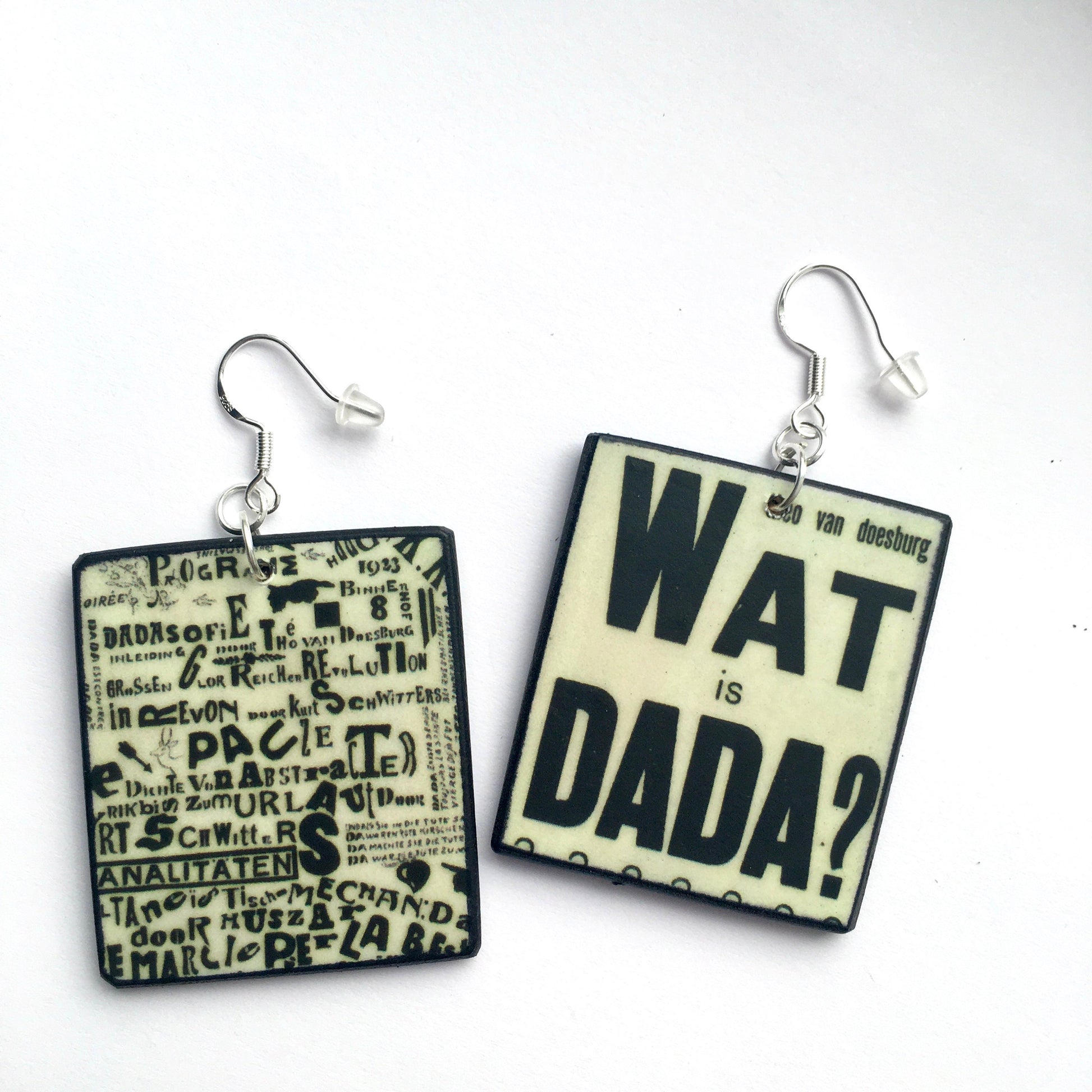 Theo van Doesburg "Wat is Dada" artsy earrings gift handmade by Obljewellery from sustainable wood.
