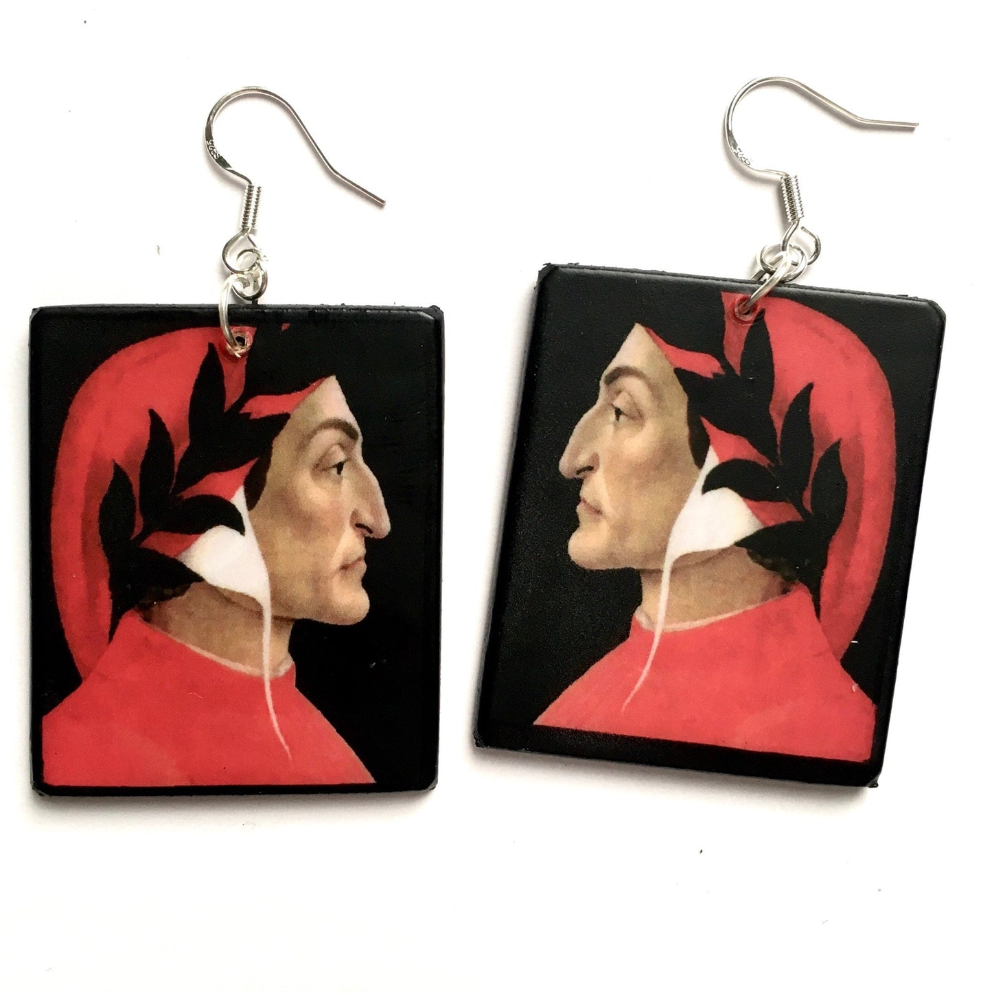Earrings on wood with Dante Alighieri portrait painting by Botticelli, Renaissance earrings. Black an red are the predominant colours. Sterling silver hooks. Obljewellery Botticelli collection