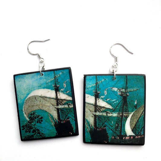 Museum-Inspired Sustainable Earrings Wooden mismatched art earrings. Summer birthday gift for her. Masted sailing ship,detail of oil painting by famous artist Pieter Bruegel. Obljewellery