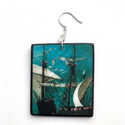 Museum-Inspired Sustainable Earrings Wooden mismatched art earrings. Summer birthday gift for her. Masted sailing ship,detail of oil painting by famous artist Pieter Bruegel. Obljewellery