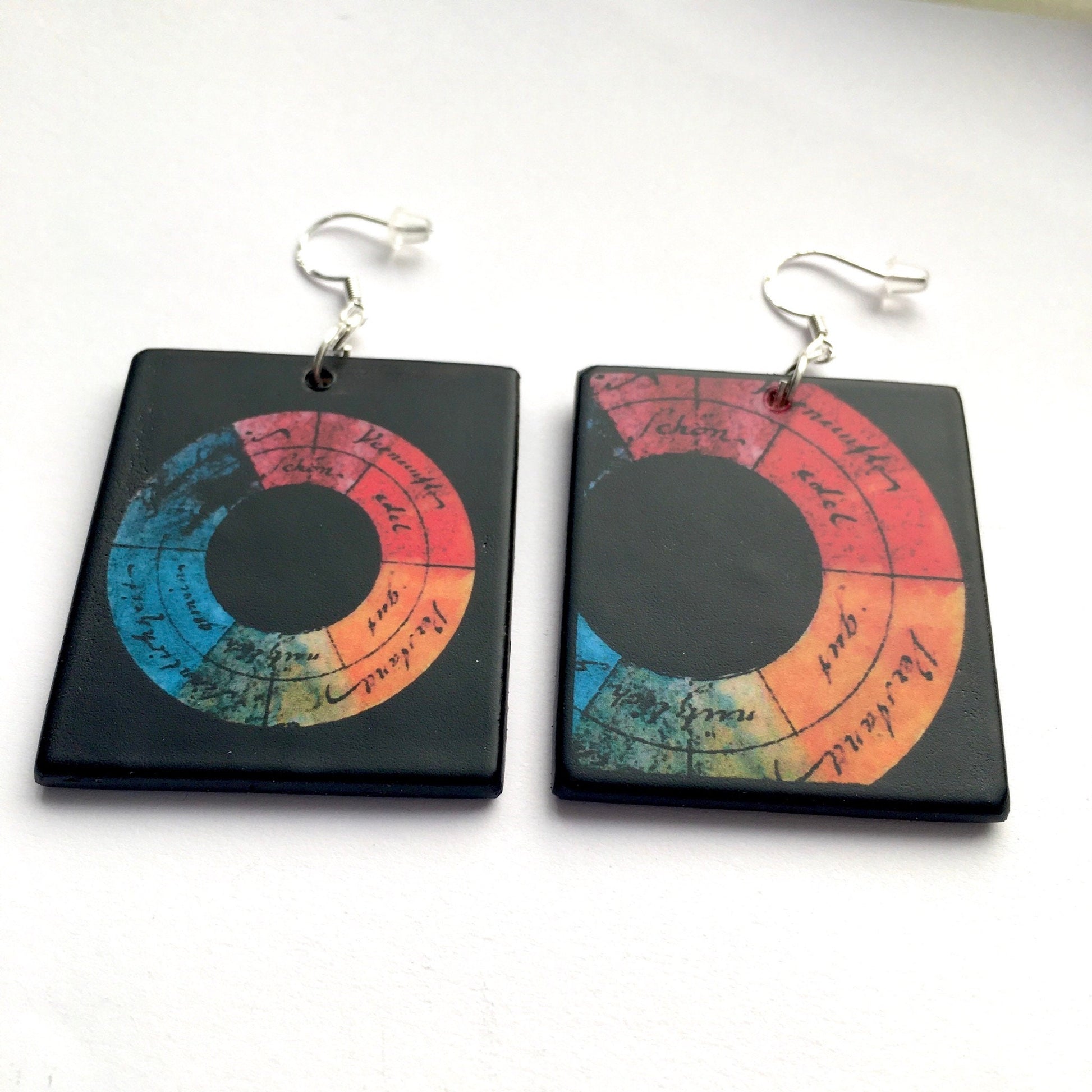 Museum-Inspired Sustainable Earrings Goethe, inspired color wheel art earrings Obljewellery