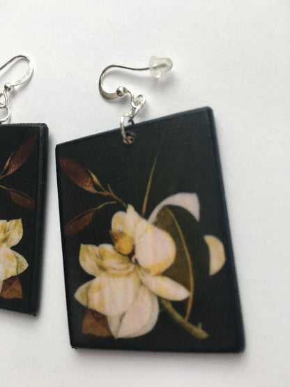 Museum-Inspired Sustainable Earrings Magnolia,floral earrings, wooden art earrings. Bridesmaids gift. Obljewellery
