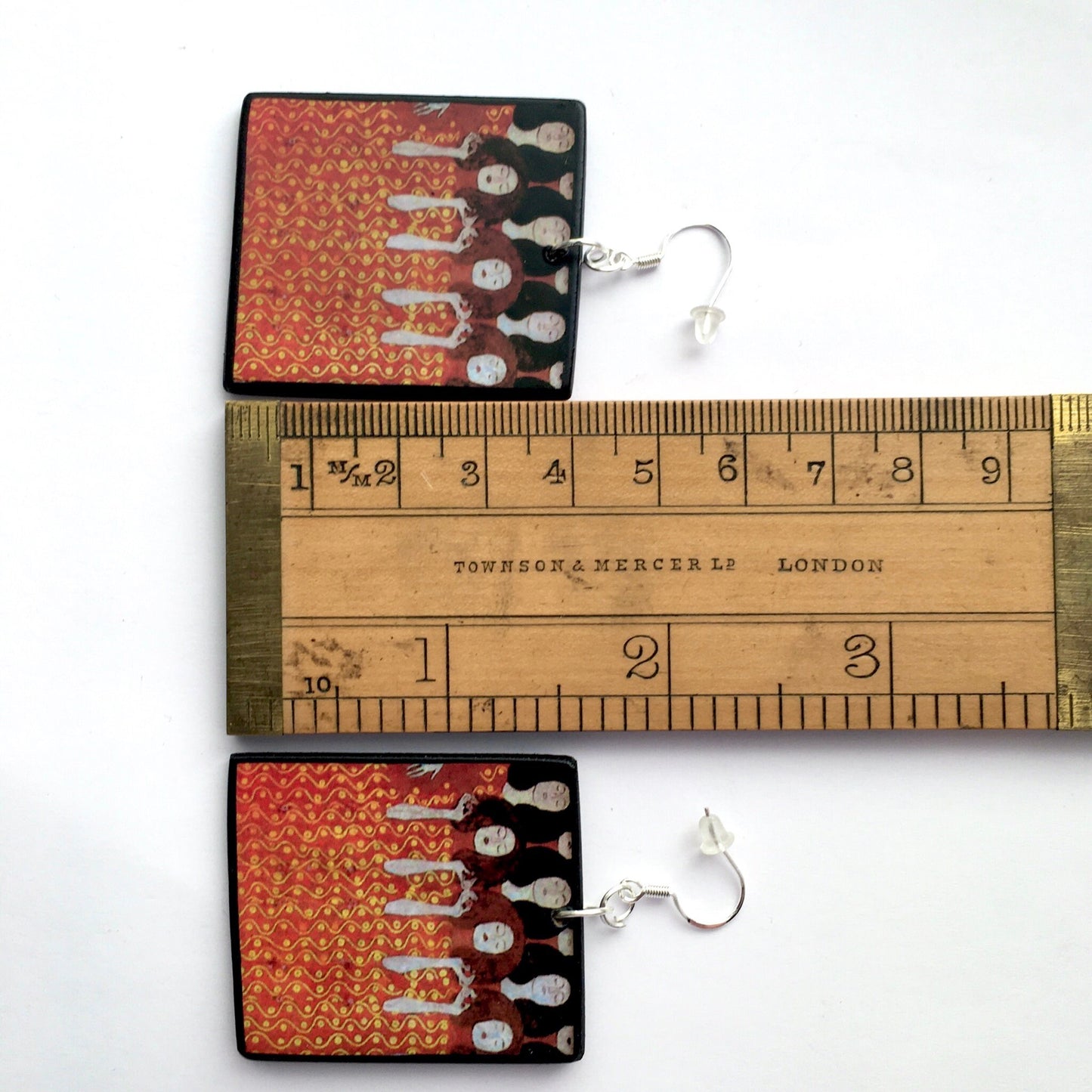 Museum-Inspired Sustainable Earrings Klimt Beethoven Frieze Art Earrings. Sustainable wood and sterling silver. Obljewellery