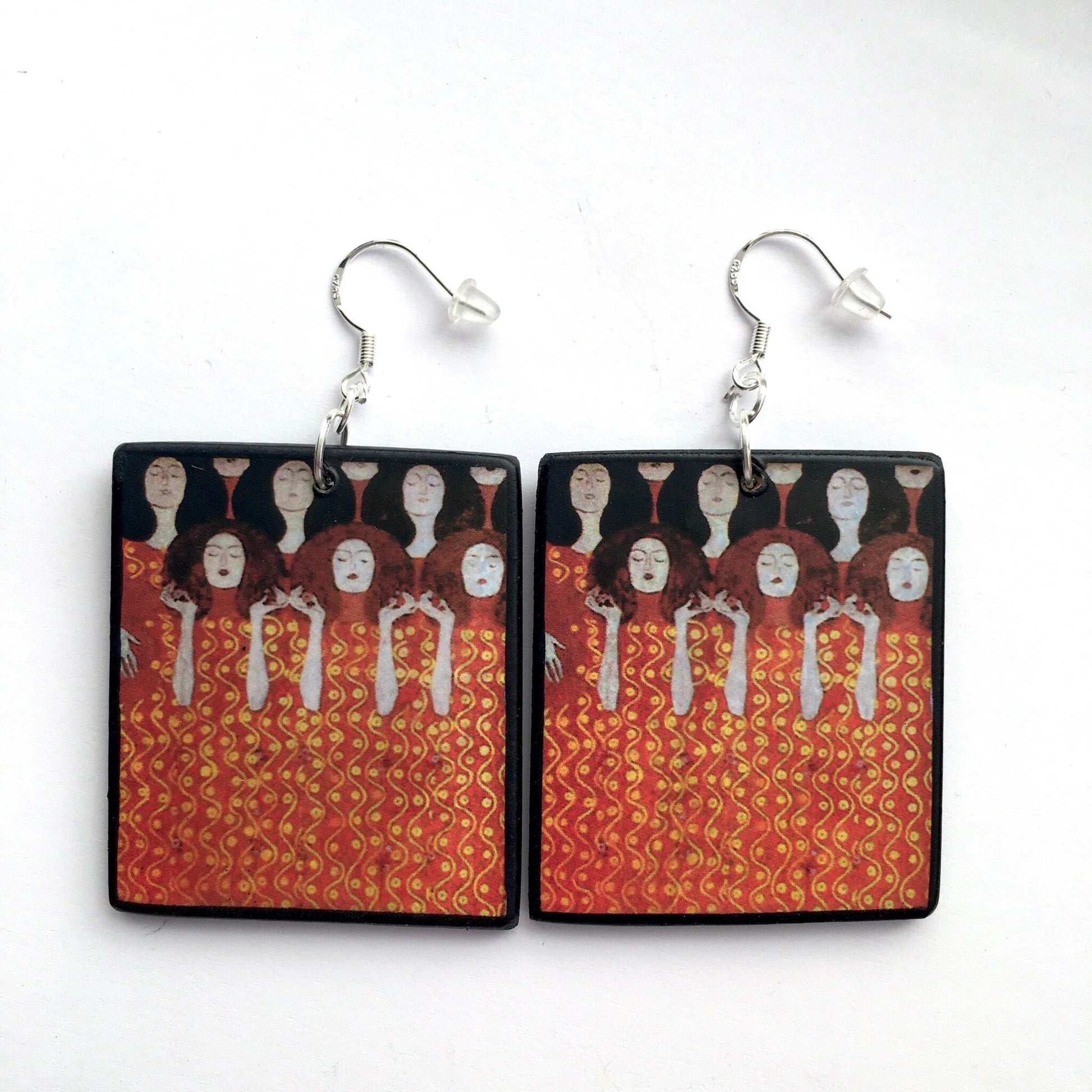 Museum-Inspired Sustainable Earrings Klimt Beethoven Frieze Art Earrings. Sustainable wood and sterling silver. Obljewellery