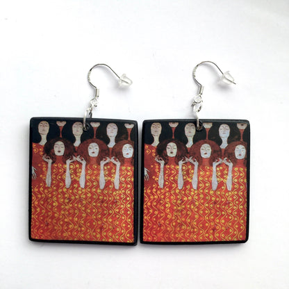 Museum-Inspired Sustainable Earrings Klimt Beethoven Frieze Art Earrings. Sustainable wood and sterling silver. Obljewellery