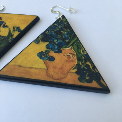 Museum-Inspired Sustainable Earrings Van Gogh Irises Triangle Earrings. Sustainable wood and sterling silver. Obljewellery