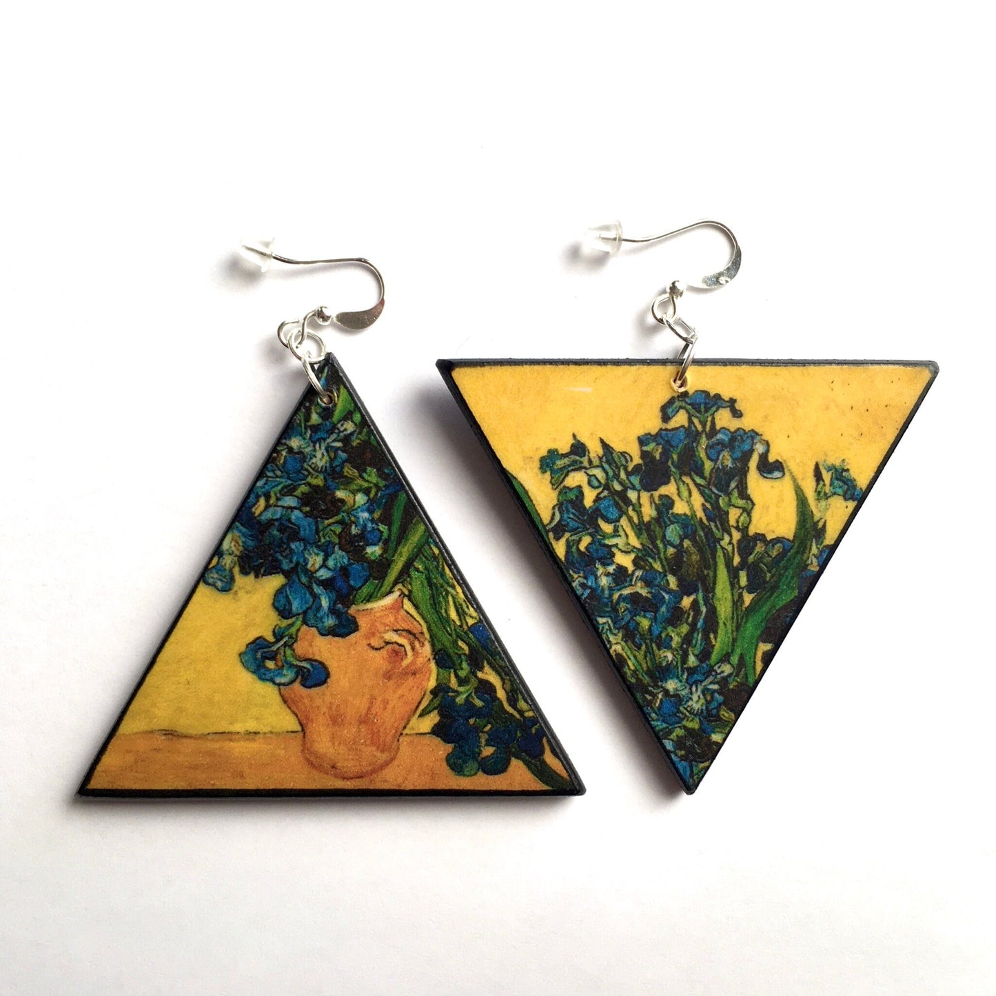 Van Gogh inspired Obljewellery. These triangular, asymmetrical earrings, with a detail of the painting Vase with Irises against a Yellow Background are made with sustainable wood.