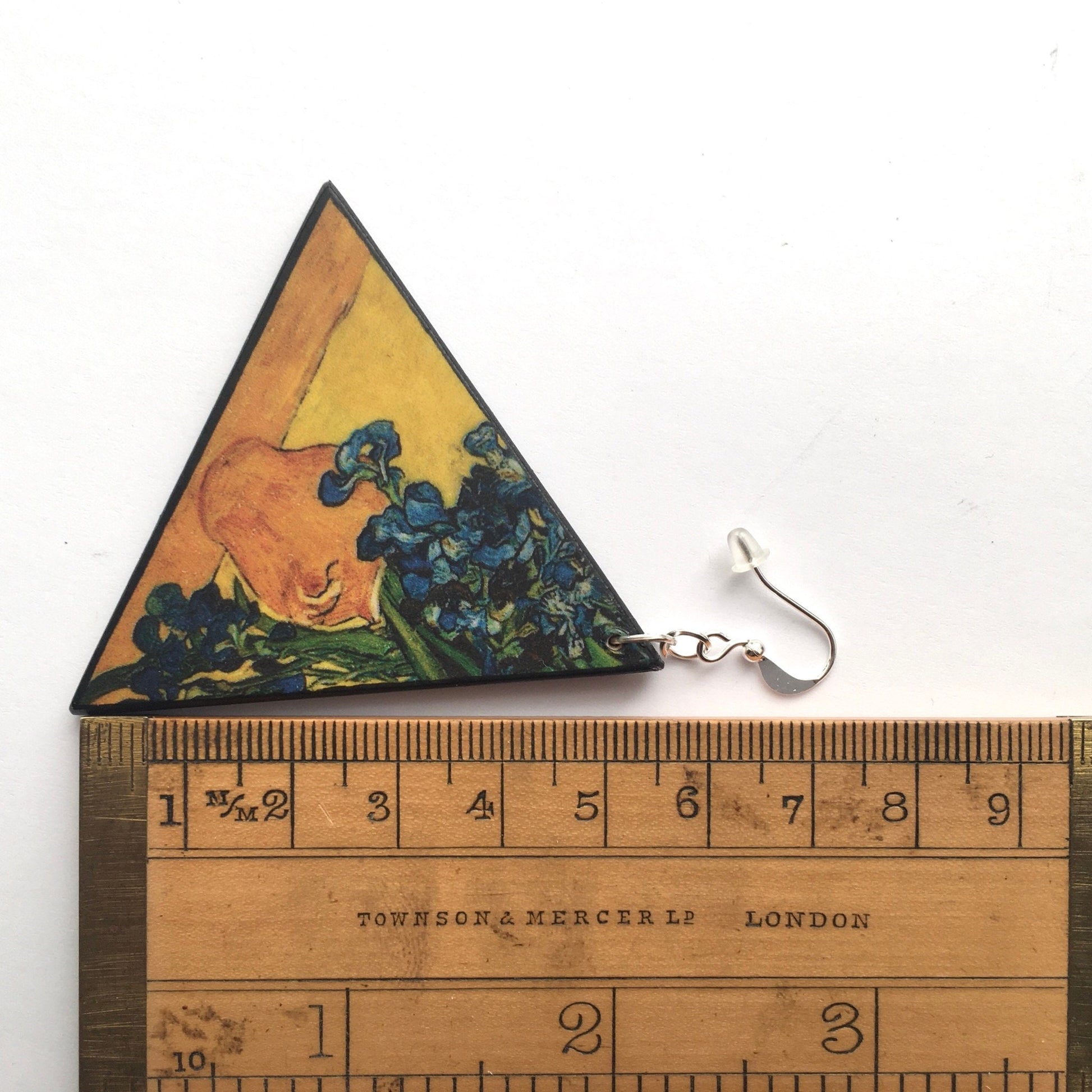 Museum-Inspired Sustainable Earrings Van Gogh Irises Triangle Earrings. Sustainable wood and sterling silver. Obljewellery
