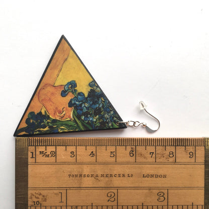 Museum-Inspired Sustainable Earrings Van Gogh Irises Triangle Earrings. Sustainable wood and sterling silver. Obljewellery