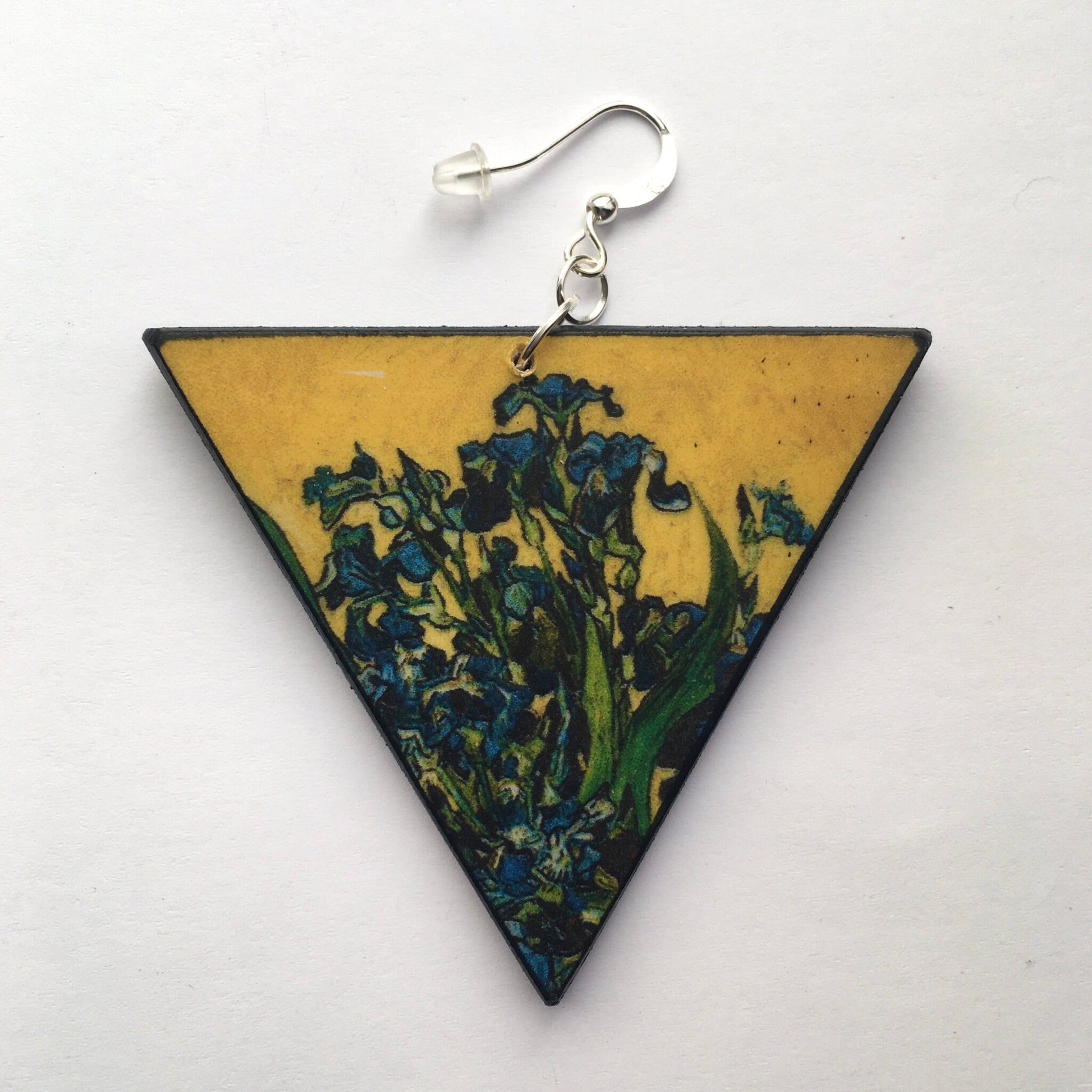 Museum-Inspired Sustainable Earrings Van Gogh Irises Triangle Earrings. Sustainable wood and sterling silver. Obljewellery