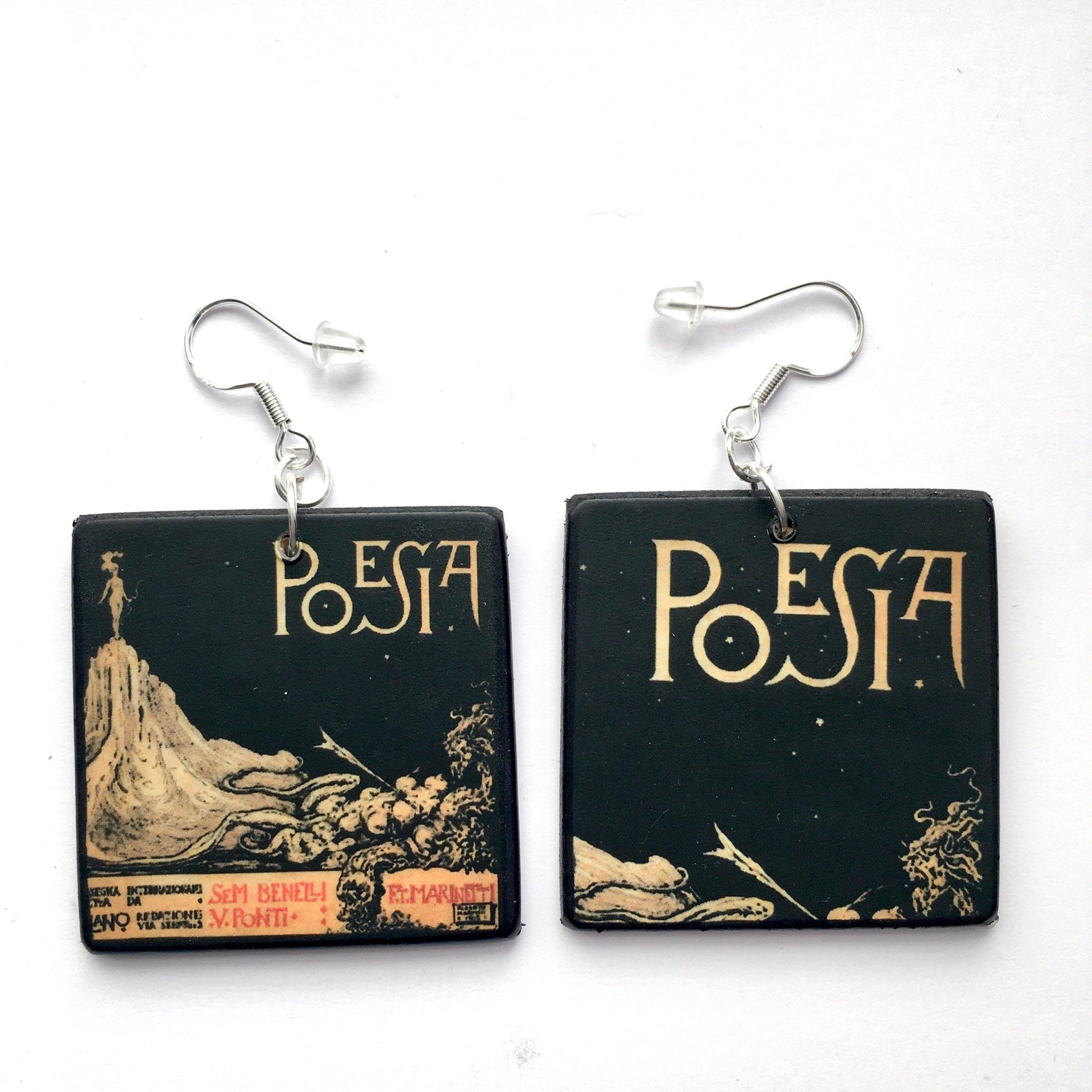 Museum-Inspired Sustainable Earrings Poem book mismatched earrings. Italian Marinetti art cover. Obljewellery
