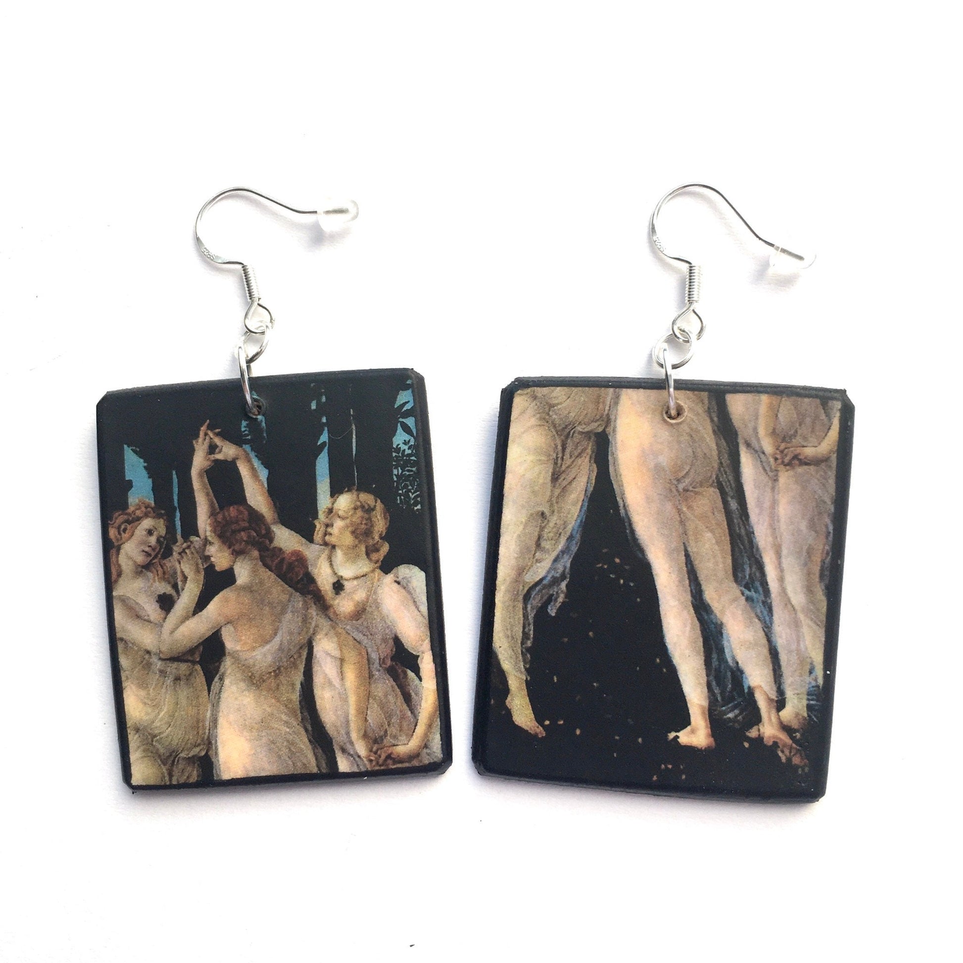 "The Three Graces" famous  Italian Renaissance art painting by Sandro Botticelli is the detail for these aesthetic, mismatched, sustainable wooden art earrings. The earrings arel lightweight and finished with sterling silver 925 hooks