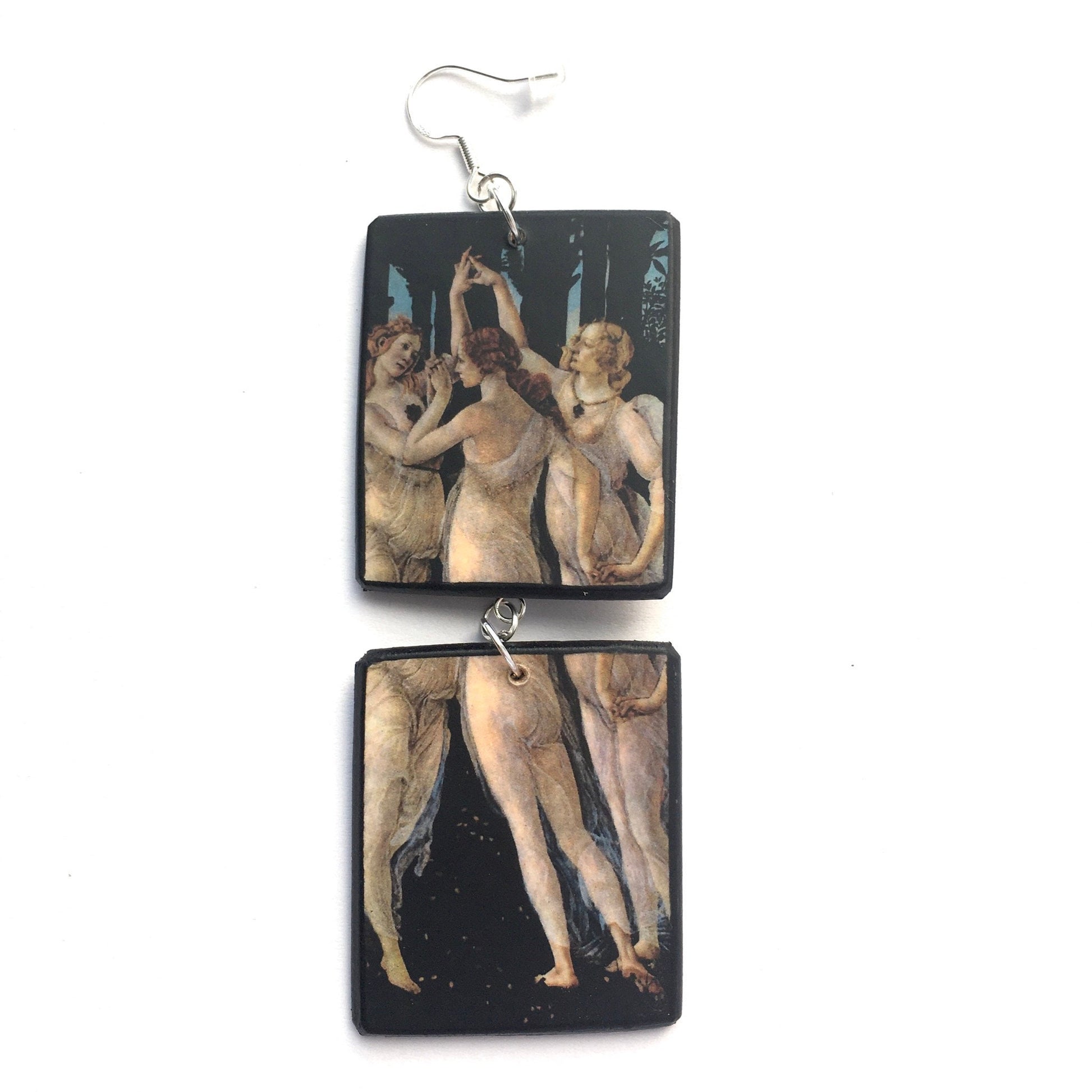 "The Three Graces" famous  Italian Renaissance art painting by Sandro Botticelli is the detail for these aesthetic, mismatched, sustainable wooden art earrings. The earrings arel lightweight and finished with sterling silver 925 hooks