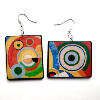 Museum-Inspired Sustainable Earrings Delaunay, mismatched, asymmetrical art earrings. Obljewellery