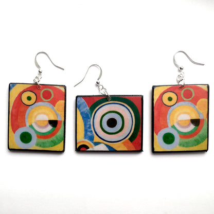 Museum-Inspired Sustainable Earrings Delaunay, mismatched, asymmetrical art earrings. Obljewellery