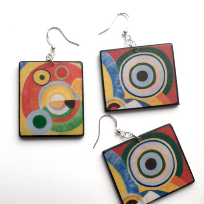 Museum-Inspired Sustainable Earrings Delaunay, mismatched, asymmetrical art earrings. Obljewellery
