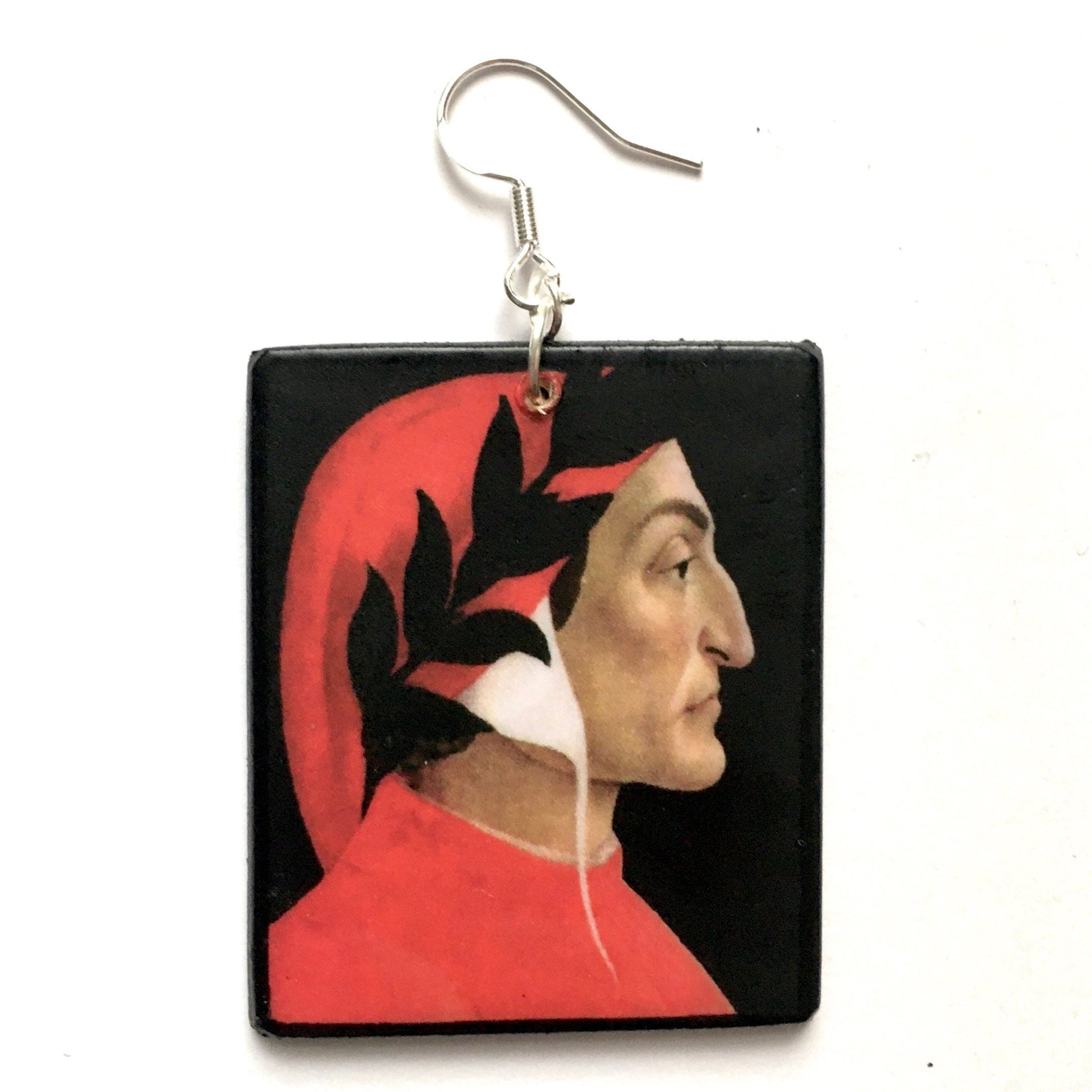 Sandro Botticelli artsy earrings. These earrings with the painting of Dante Alighiri are the cool graduation artsy gift for her. Sustainable wood with sterling silver hypoallergenic hooks. 