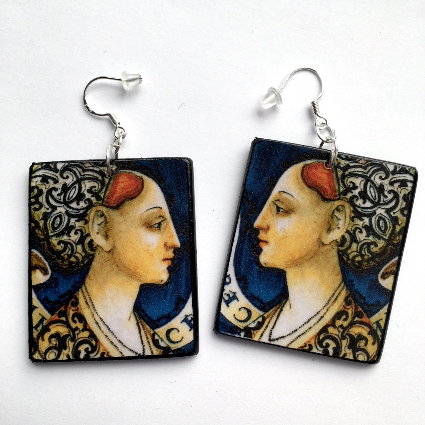 Wooden aesthetic earrings. Italian ceramic art Renaissance painting. Christmas mom gift.