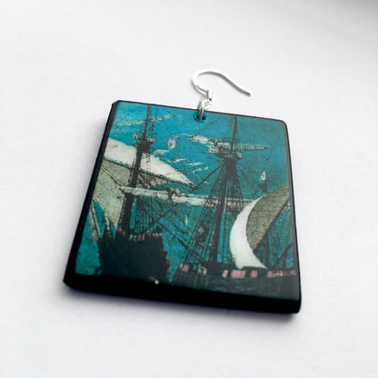 Museum-Inspired Sustainable Earrings Wooden mismatched art earrings. Summer birthday gift for her. Masted sailing ship,detail of oil painting by famous artist Pieter Bruegel. Obljewellery