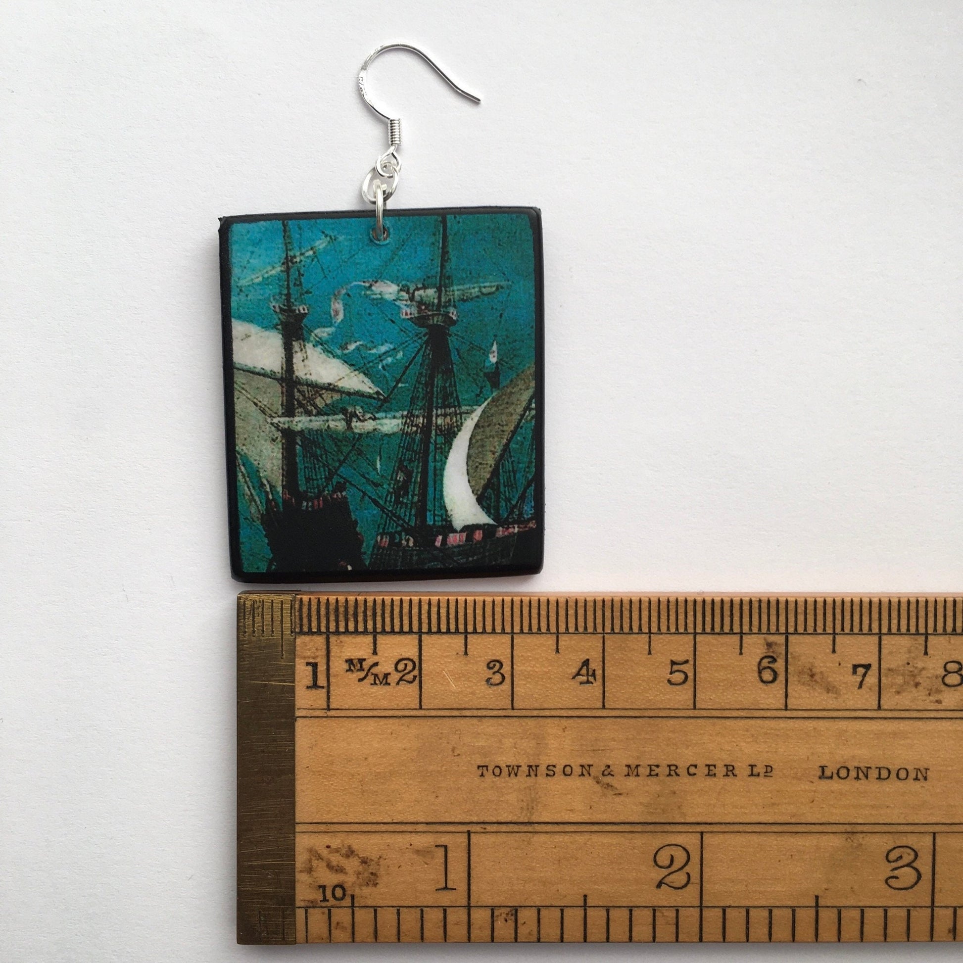Museum-Inspired Sustainable Earrings Wooden mismatched art earrings. Summer birthday gift for her. Masted sailing ship,detail of oil painting by famous artist Pieter Bruegel. Obljewellery