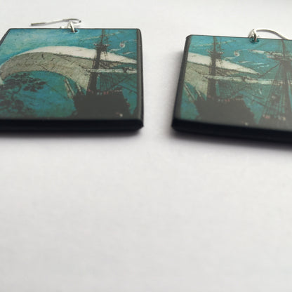 Museum-Inspired Sustainable Earrings Wooden mismatched art earrings. Summer birthday gift for her. Masted sailing ship,detail of oil painting by famous artist Pieter Bruegel. Obljewellery