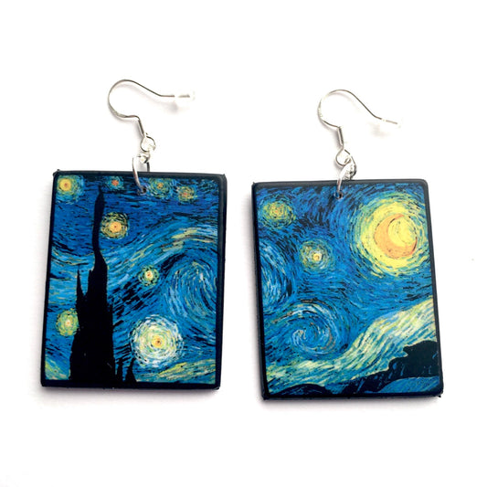 Museum-Inspired Sustainable Earrings Vincent van Gogh, Starry Night, sustainable fashion, wood and sterling silver, art earrings, Obljewellery