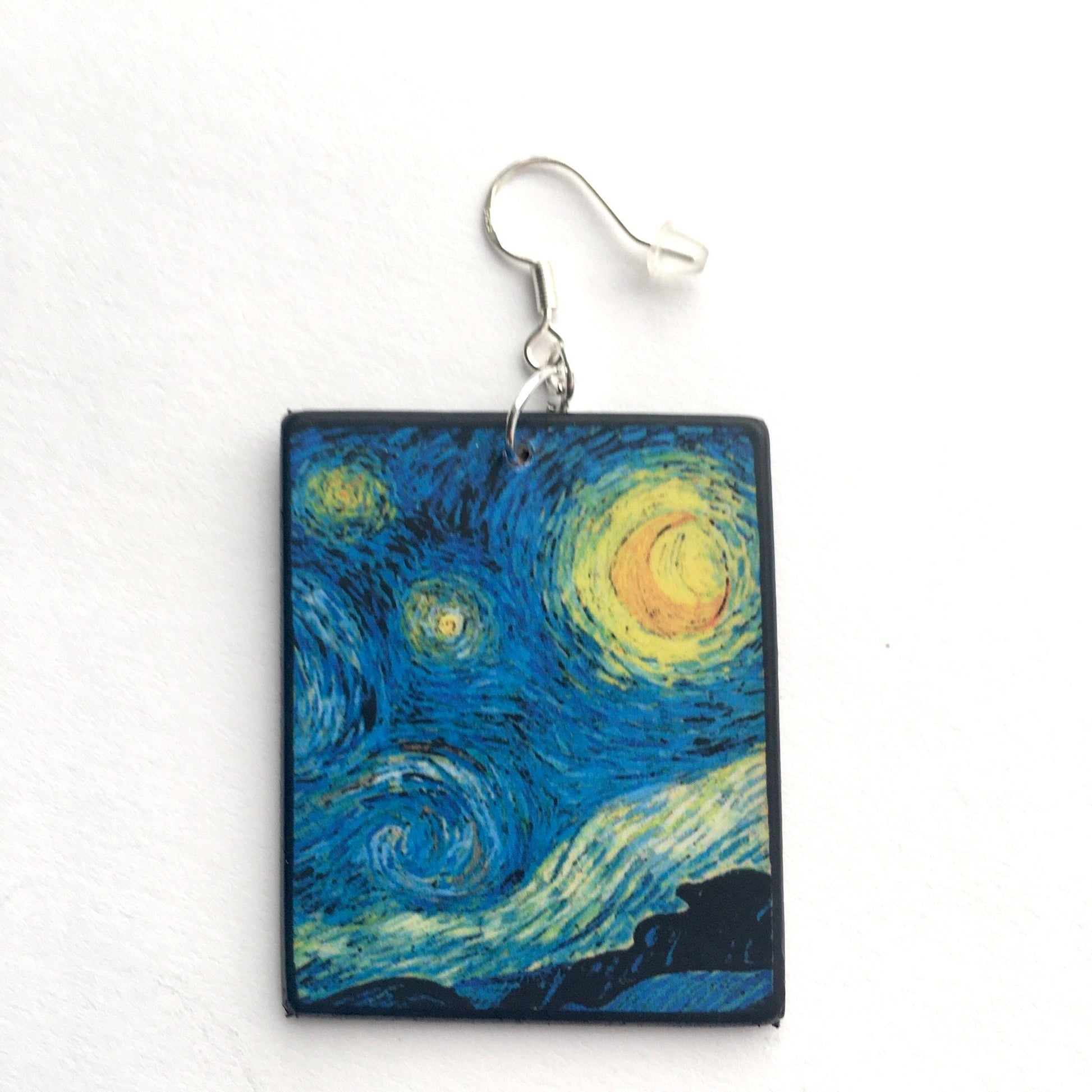 Museum-Inspired Sustainable Earrings Vincent van Gogh, Starry Night, sustainable fashion, wood and sterling silver, art earrings, Obljewellery