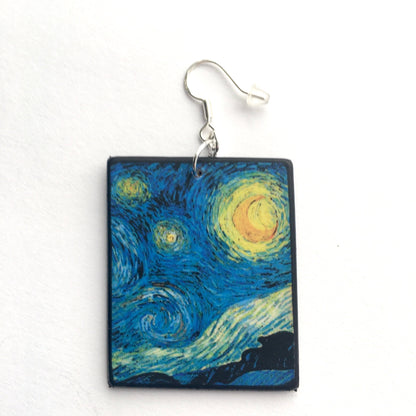 Museum-Inspired Sustainable Earrings Vincent van Gogh, Starry Night, sustainable fashion, wood and sterling silver, art earrings, Obljewellery