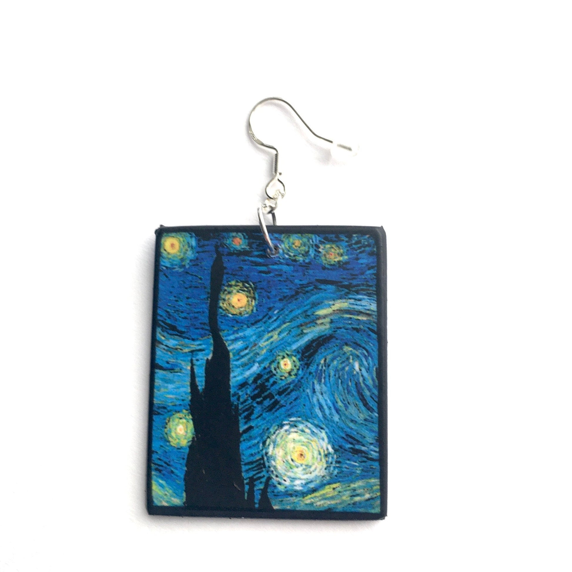 Museum-Inspired Sustainable Earrings Vincent van Gogh, Starry Night, sustainable fashion, wood and sterling silver, art earrings, Obljewellery