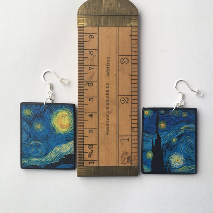 Museum-Inspired Sustainable Earrings Vincent van Gogh, Starry Night, sustainable fashion, wood and sterling silver, art earrings, Obljewellery