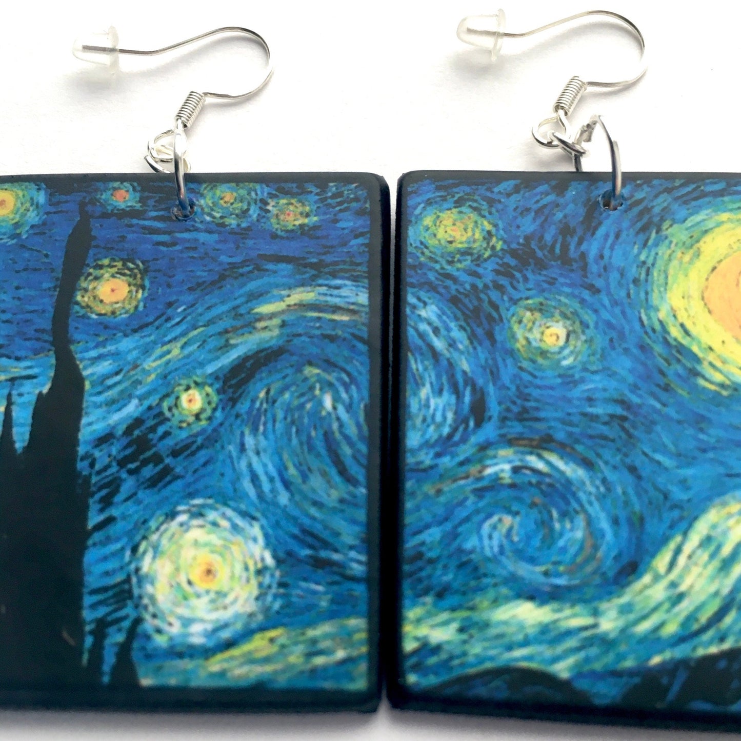 Museum-Inspired Sustainable Earrings Vincent van Gogh, Starry Night, sustainable fashion, wood and sterling silver, art earrings, Obljewellery