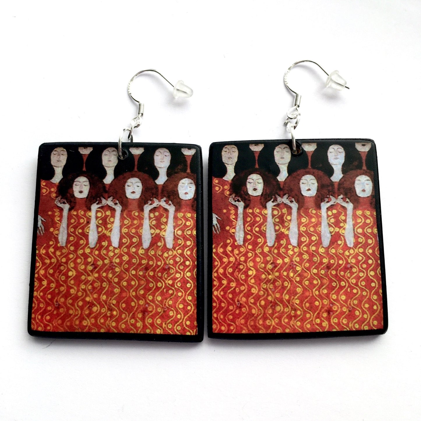 Museum-Inspired Sustainable Earrings Klimt Beethoven Frieze Art Earrings. Sustainable wood and sterling silver. Obljewellery