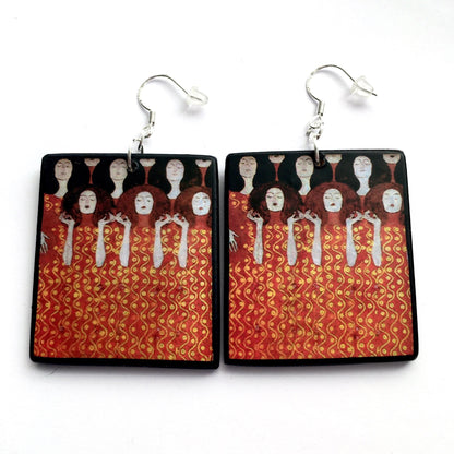 Museum-Inspired Sustainable Earrings Klimt Beethoven Frieze Art Earrings. Sustainable wood and sterling silver. Obljewellery