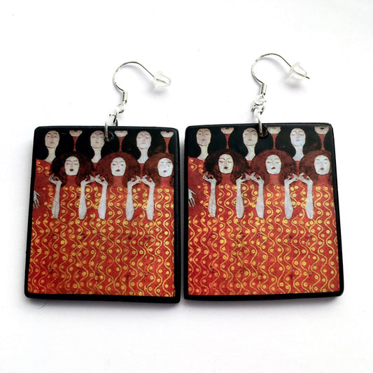 Gustave Klimt, statement earrings with a detail of Choir of angels from Paradise in orange and gold décor. Wooden earrings created by Obljewellery