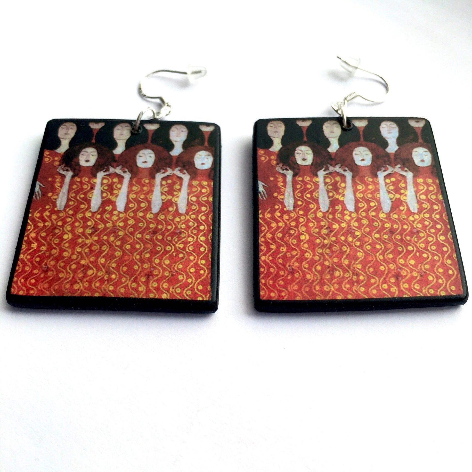 Museum-Inspired Sustainable Earrings Klimt Beethoven Frieze Art Earrings. Sustainable wood and sterling silver. Obljewellery