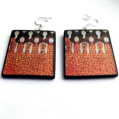 Museum-Inspired Sustainable Earrings Klimt Beethoven Frieze Art Earrings. Sustainable wood and sterling silver. Obljewellery