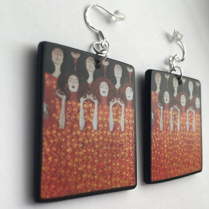 Museum-Inspired Sustainable Earrings Klimt Beethoven Frieze Art Earrings. Sustainable wood and sterling silver. Obljewellery