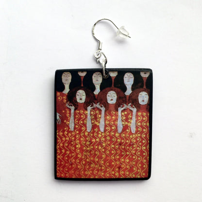 Museum-Inspired Sustainable Earrings Klimt Beethoven Frieze Art Earrings. Sustainable wood and sterling silver. Obljewellery