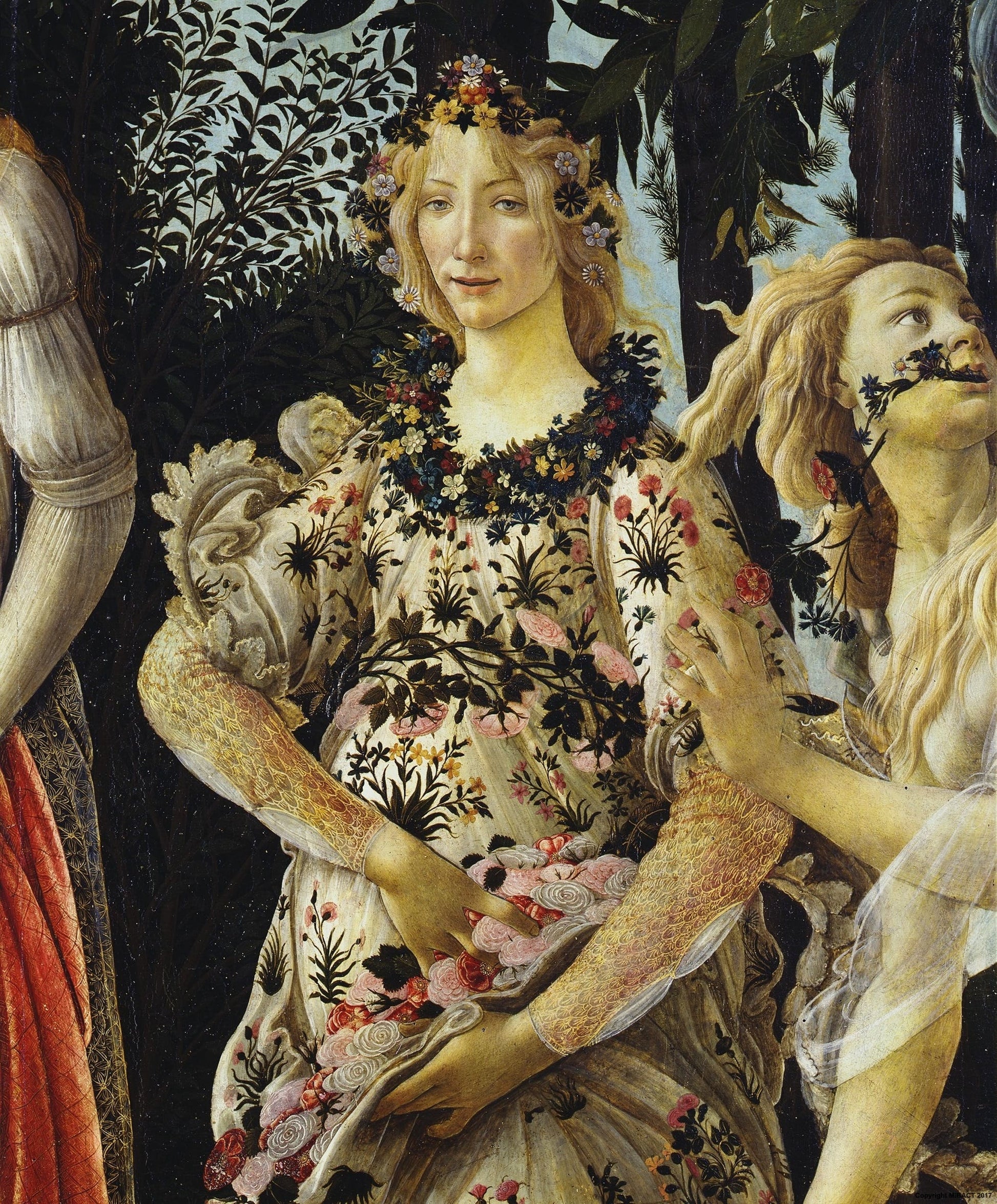 botticelli detail of the spring painting used for made the mismatched earrings , renaissance gift#